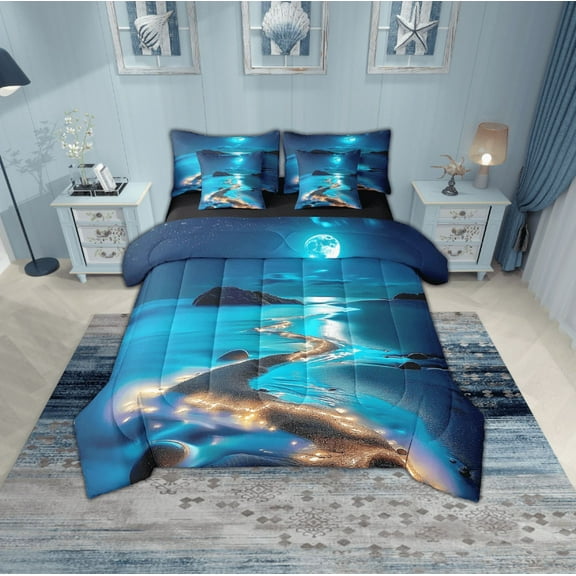 Erosebridal Ocean Beach Bedding Sets Twin Size,Moon Night Comforter Sets with Sheets,Coastal Ocean Bed in a Bag Twin size,Super Cozy Galaxy Room Decor,Reversible,7-Piece