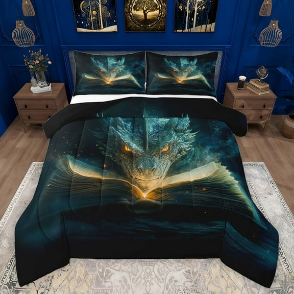 Feelyou Kawaii Gothic Dragon Bedding Comforter Set, Dreamy Anime Twin Comforter Sets, Cartoon Western Animal Reversible Bedding Set, Microfiber Bedroom Decor, 2 Pieces