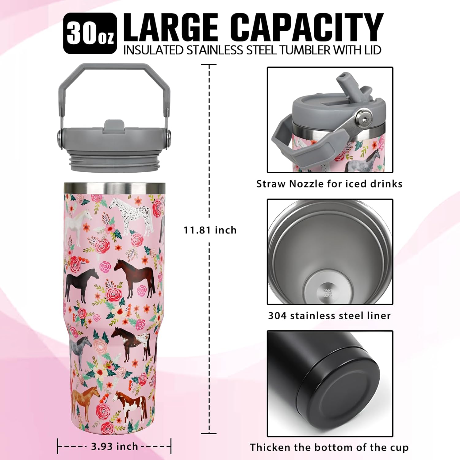 30oz Pink Floral Horse Tumbler with Handle & Flip Straw - Vacuum Insulated Stainless Steel Water Bottle, Leakproof Travel Mug - Gift for Equestrian, Women, Girls - Use for Home, Office, Car, Outdoors