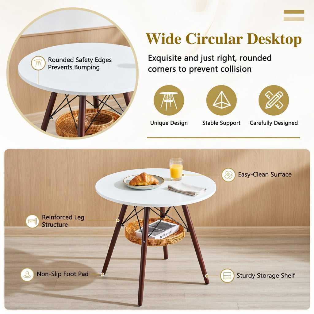 Hommoo 31.5" Round Dining Table with Walnut Solid Wood Legs, White MDF Vacuum-Formed Top & Under-Mount Woven Storage Basket, Modern Nordic Coffee Table for Small Spaces, White & Brown