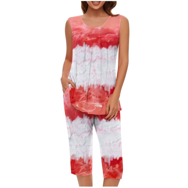 Conjunto de Verano para las Mujeres Impreso Casual sin Mangas Plisado Superior Y Pantalones Recortados, Cuello Redondo Conjunto de Dos Piezas