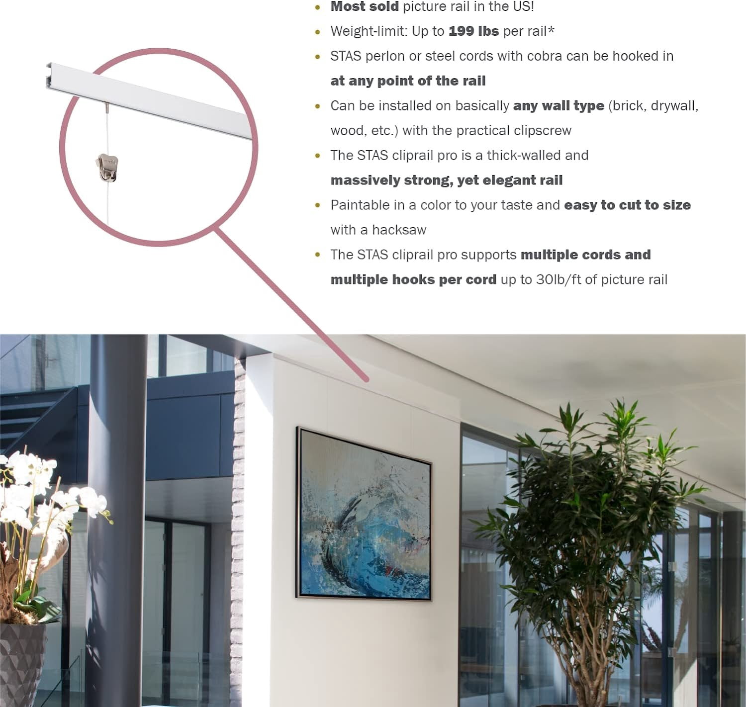 STAS Cliprail Pro Picture Hanging System Set - Covers 19.69 ft of Wall Space - Heavy Duty Picture Rail & Art Hanging Gallery Kit Without Nails - Home or Museum Matte Silver Rails, 8 Hooks & Cords