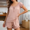 thumbnail image 6 of DYTTDG Silk Solid Color Pajama Set for Women 6PC Short Puffed Sleeve with Short Pajama Pant Set Decorative Drawstring & Pocket, 6 of 7