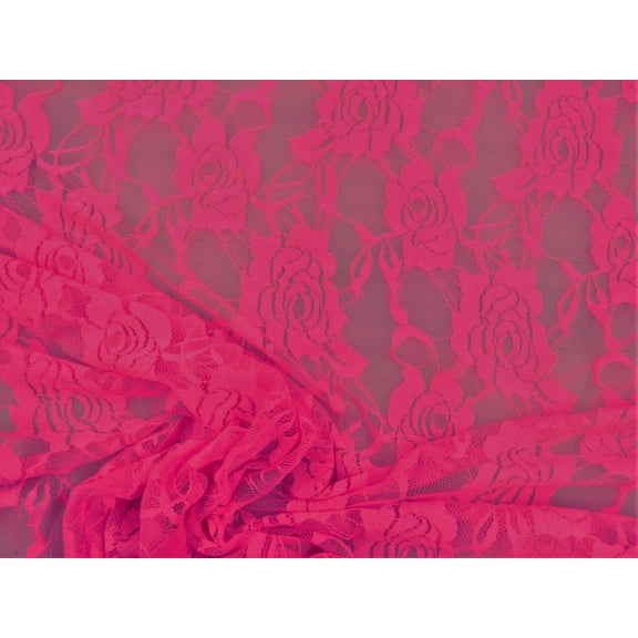 Embroidered Stretch Lace Apparel Fabric Sheer Neon Pink Rose Floral DD304
