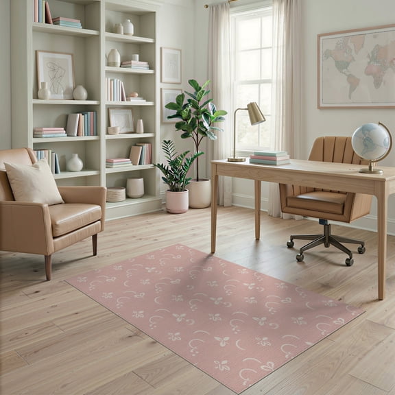 ODIKA 4'x6' Blush Pink Floral Dot Border Tufted Design Washable Area Rug Whimsical Botanical Motif With Moon Accents And Delicate Leaf for Home Office, Under Desk, Non-Slip Chair-Friendly, Flatwoven