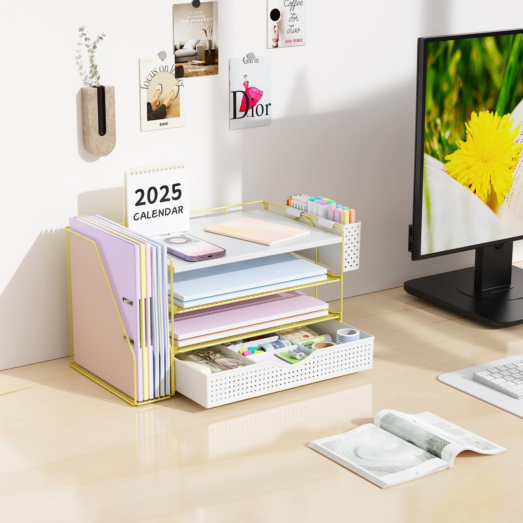 Wood Desk Organizers And Accessories With File Holder  4-tier & Workspace Drawer Pen Paper Organizer For Office Supplies (gold)