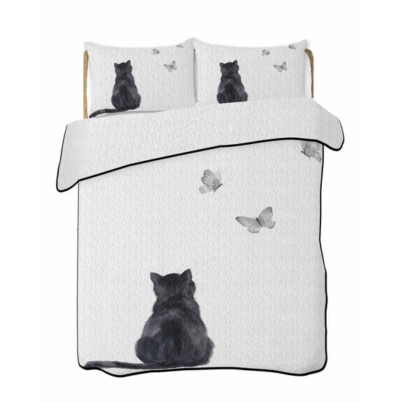 Quilts King Size Bedding Set, Black Cat Lightweight Quilted Comforter, Funny Cute Cats Grey Butterfly Animals Soft Reversible Bedspread Coverlet with Pillow Covers for All Season, 96" x 106"
