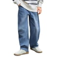 thumbnail image 2 of Boys Wide Leg Baggy Jeans Y2k Casual Fashion Loose Denim Pants,Classic Solid Color Denim Jeans,Comfortable Stretch Fit Casual Trousers With Reinforced Knees Durable(Light Blue,4_5 Years), 2 of 4