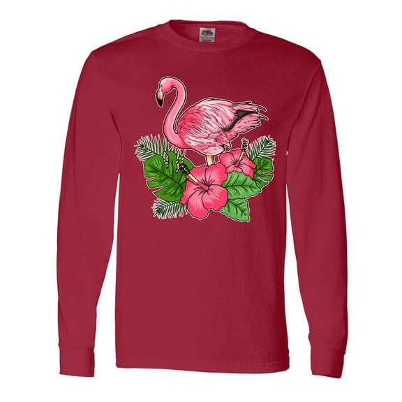 Inktastic Flamingo with Tropical Flowers Long Sleeve T-Shirt