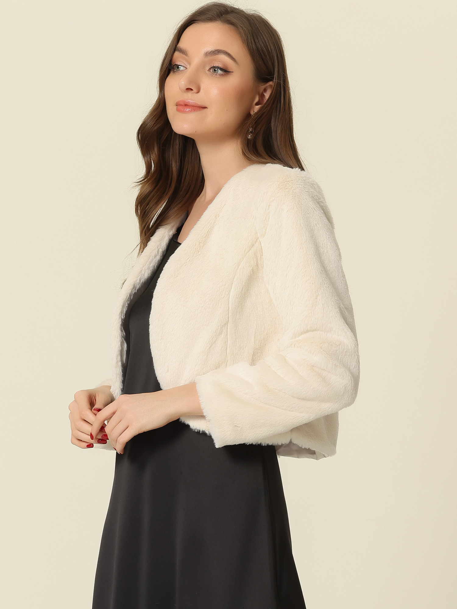 DARING DIVA Women's Faux Fur Cropped Open Front Jacket Bolero Coat S Beige
