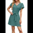 thumbnail image 3 of Vestido Camisero Informal de Verano para Mujer, con Botones y Cuello en V, Mangas Abullonadas Verde Oscuro S, 3 of 10