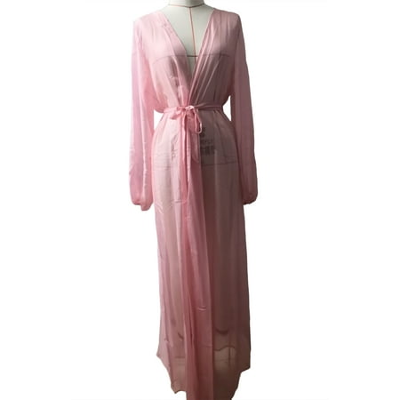 Fanvereka Women Chiffon Bikini Cover Ups Long Sleeve Deep V Neck See-through Maxi Dress Sexy Lace-up Summer Beachwear