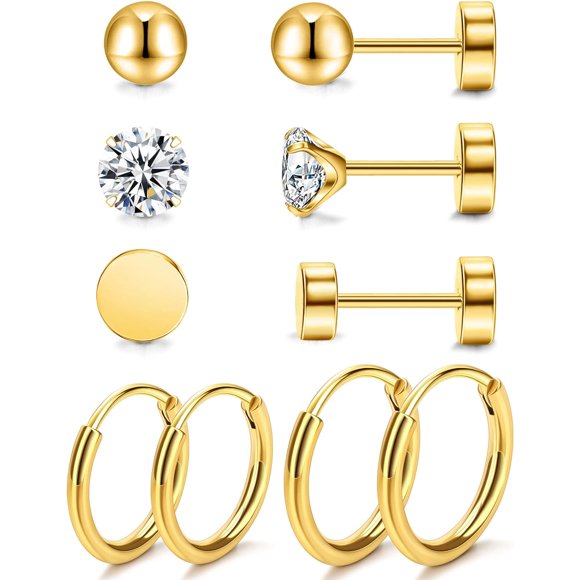5 Pairs Titanium Earrings for Sensitive Ears Dot Ball Cubic Zirconia 20 Gauge Pure Titanium Stud Hoop Earrings Set G23 Titanium Earrings Flat Back for Women