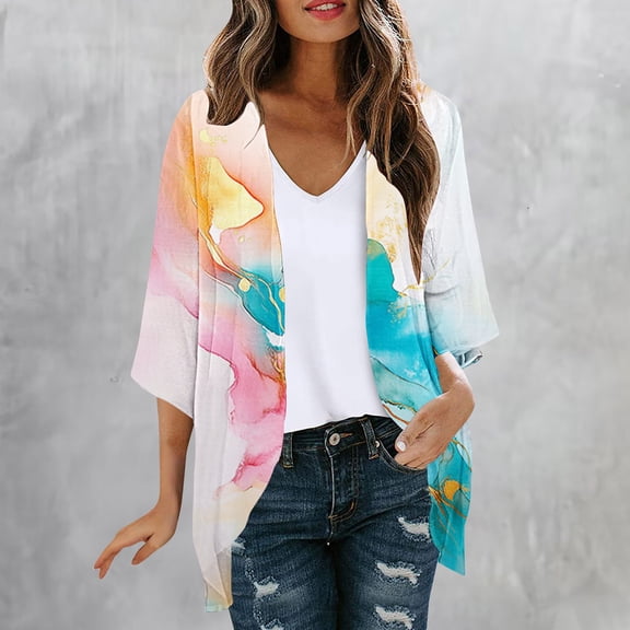 HOMBOM Womens 3/4 Sleeve Kimonos Boho Sheer Cover Up Lightweight Open Front Tie-Dye Cardigan for Young Women Beach