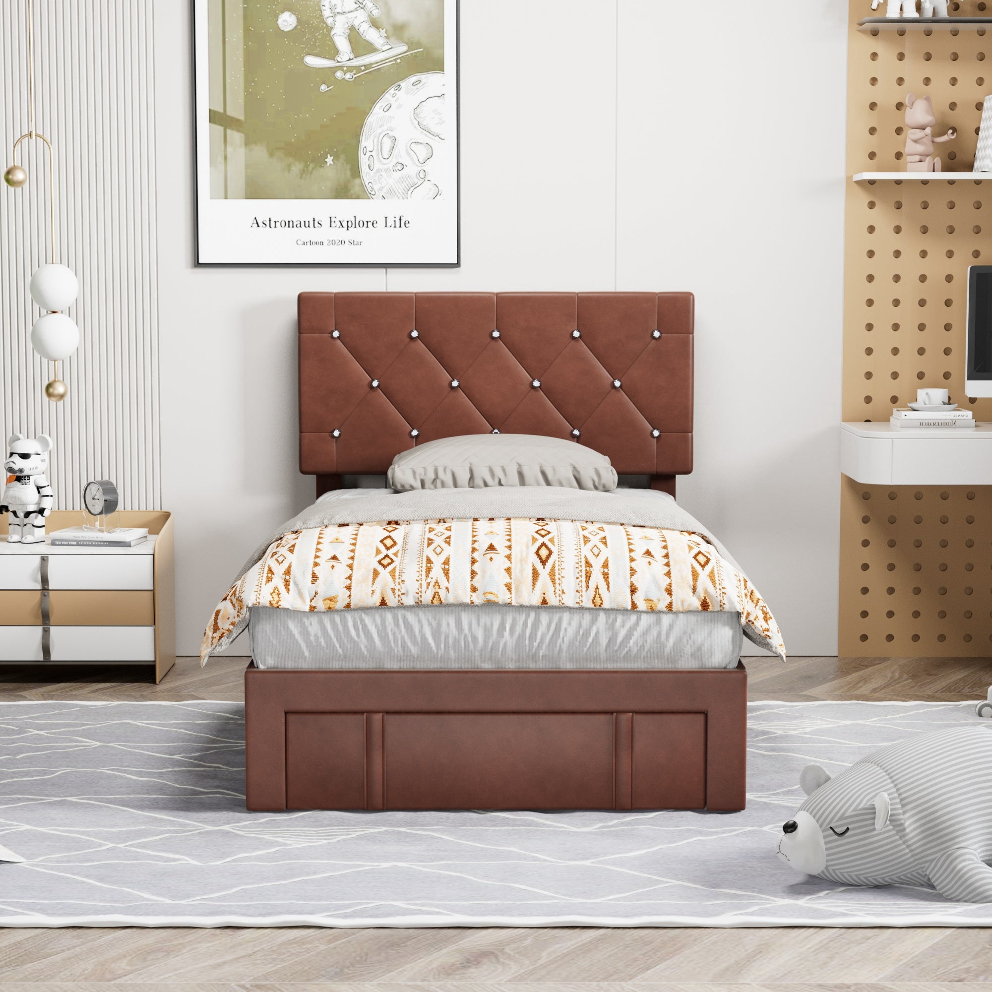VECELO Upholstered Bed with Storage-1 Drawer, Brown Bed Frame Twin Platform Bed with Faux Leather Tufted Headboard