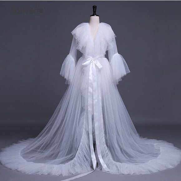 Zjloe7sa Women's Lingerie Set Women Fashion Tulle Robe Long Lingerie Nightgown Bathrobe Sleepwear Bridal Robe Lace Lingerie White