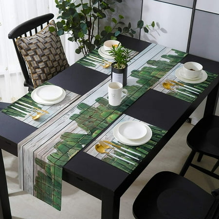 Table Runner With 6 Place Mats Green Cactus Against Vintage Wood Background Cotton Linen Dining Mat Sets Heat Resistant Washable Placemat For Kitchen Living Room Picnic 13x70 Inch Canada Table Runner With 6 Place Mats Green, Green Round Table Mats