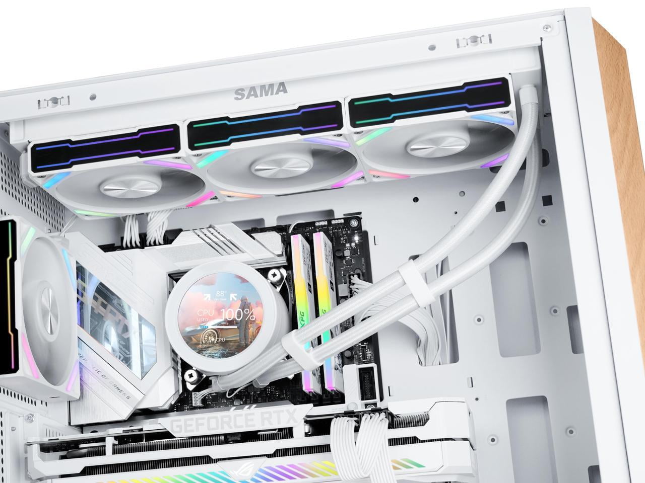 SAMA Z60 White Genuine Walnut Wood PC Case, ATX Mid Tower, Pre-Installed 4x 140mm ARGB PWM Fans, Supports 360mm Radiator on Top, Type-C Port, Supports E-ATX/ATX/M-ATX/ITX, Gaming Case