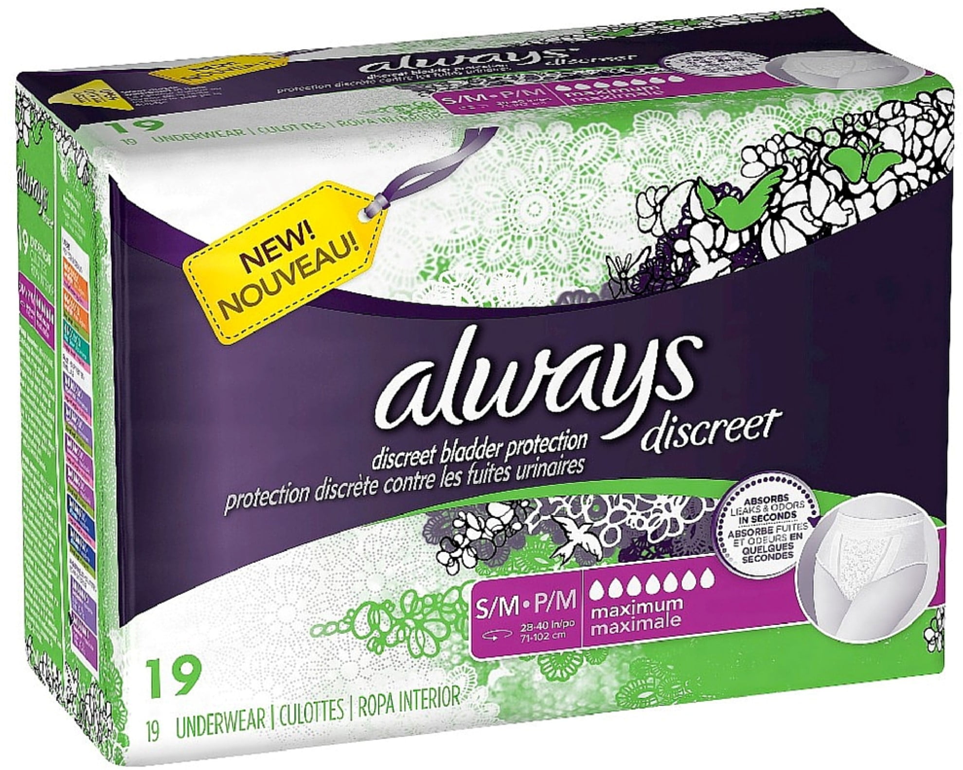 Always Discreet Maximum Absorbency Incontinence Underwear, Small 19 ea