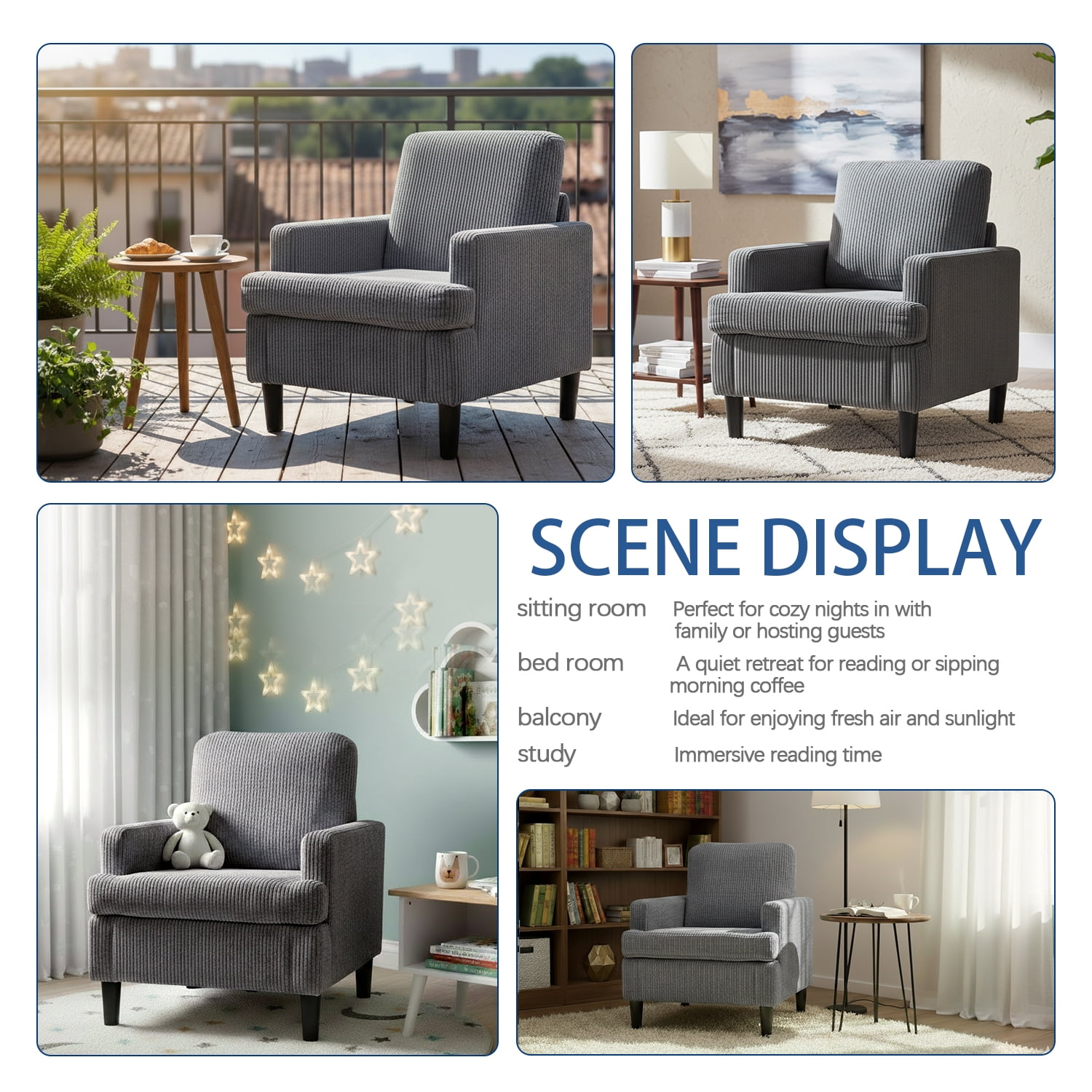 Modern Accent Chair Cozy Living Room Chairs Mid Century Modern Accent Chairs Reading Chair with Armrests for Living Room, Bedroom and Study（Grey）