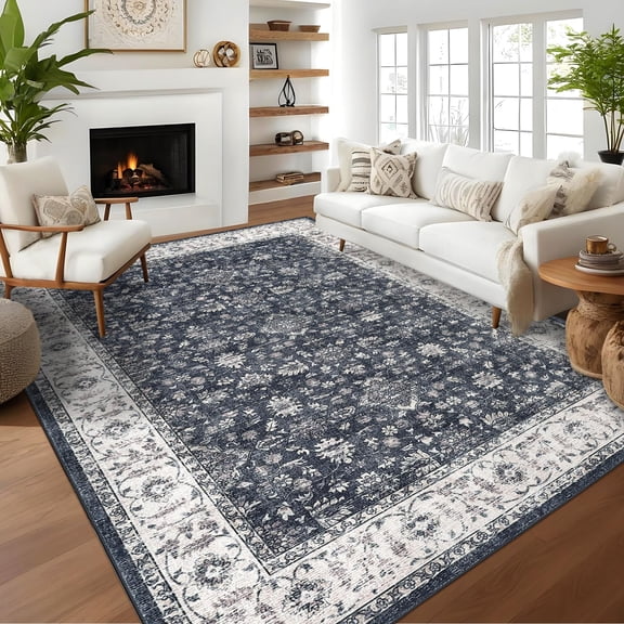 Vintage Boho Area Rugs for Living Room, Black&Grey 6'x9' Washable Large Rugs with Non-Slip Backing, Soft Modern Pastel Carpets for Bedroom Dining Room Nursery Office Farmhouse Home Decor