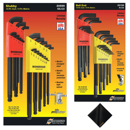 Bondhus 20599 & 20199 Ball End Hex Key L-Wrench Sets – 16537 (.050–3/8”), 16599 (1.5–10mm) & 10937 (.050–3/8”), 10999 (1.5–10mm), 22-Piece IN/MM Double Packs with Microfiber Cleaning Cloth, Bundle