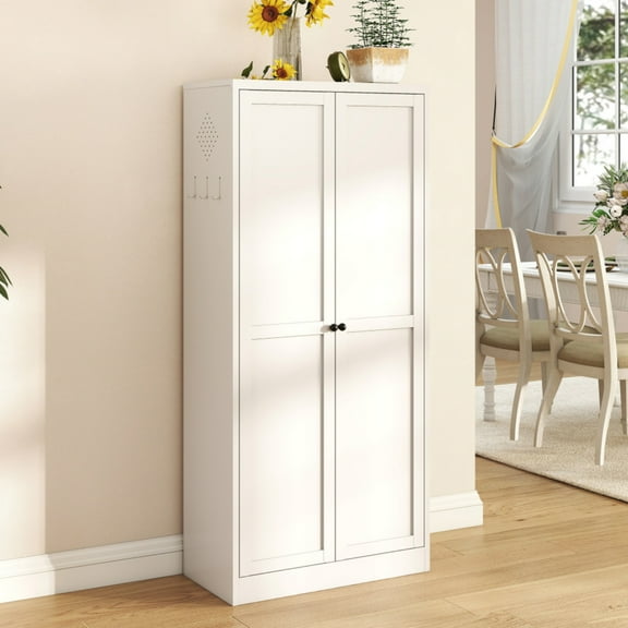 Versatile White Metal Kitchen Pantry Cabinet with Adjustable Shelves, Freestanding Storage Solution for Kitchen, Living Room & Bathroom