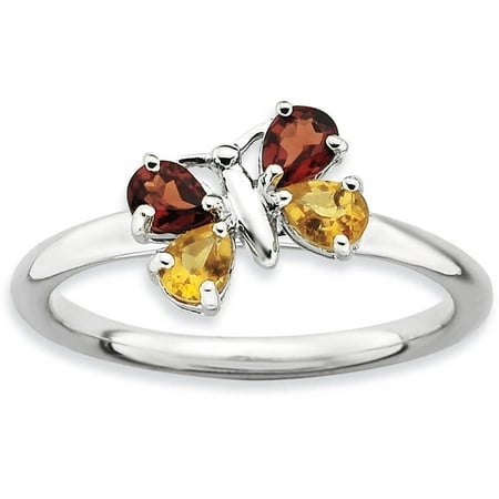 Stackable Expressions Citrine and Garnet Sterling Silver Polished Butterfly Ring