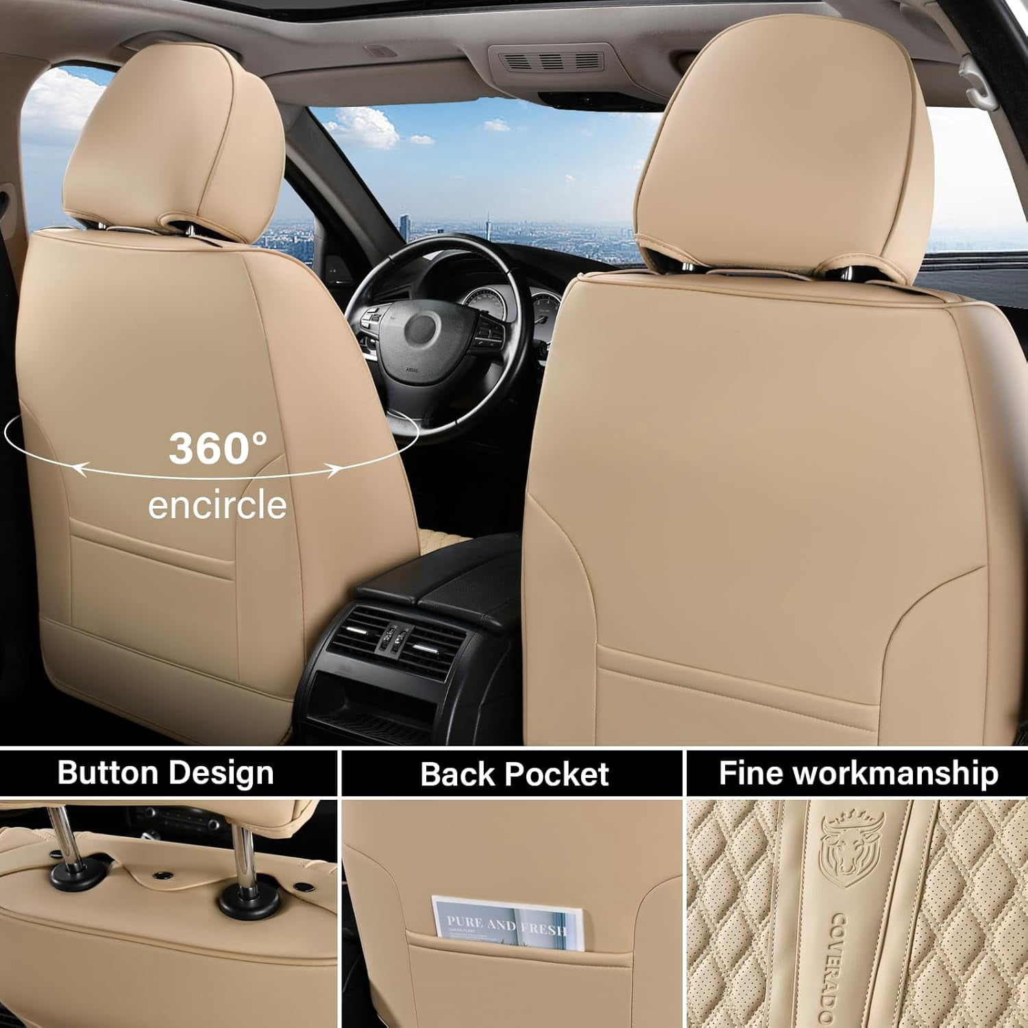 Coverado Beige Car Seat Covers Front, Waterproof Faux Leather Auto Seat Protectors with Lumbar Support, Luxury Automotive Interior Accessories Universal Fit Most Cars SUV Trucks