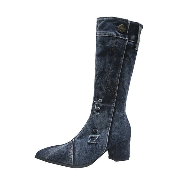 CEHVOM Women Shoes Buttons Denim Pointed Tip Mid-heeled Thick Heel High Boots