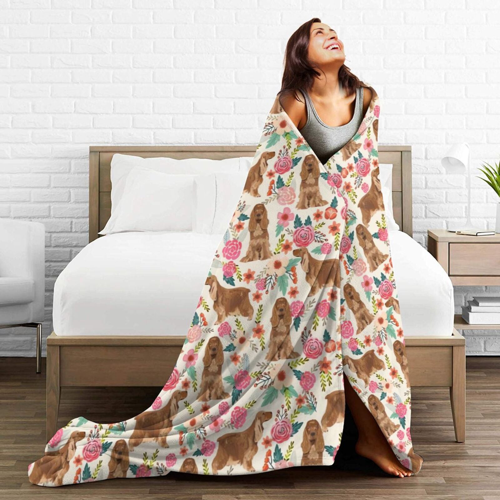 Wijzvio Spaniel Dogs Lovers Flower Floral Throw Blanket Soft Fuzzy Fleece Blanket For Couch Bed Living Room Decoration 80"X60"