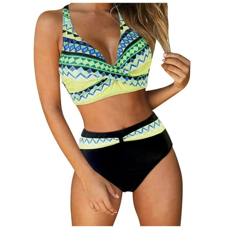 gdxvjhbj Womens Bathing Suits Women Two Piece Vintage Swimsuit Retro Halter Ruched High Waist Bikini with Bottom (Yellow S)