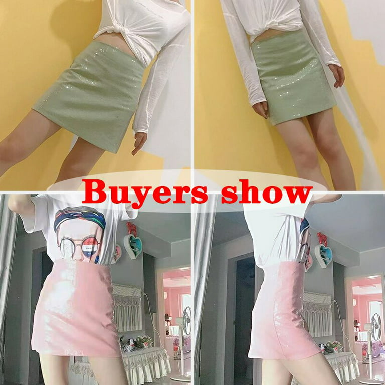 PIKADINGNIS Fashion Sequin Mini Skirts for Women Korean Style Zipper High  Waist Short Skirts Female Pink Green Elegant A-line Skirt 