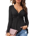 thumbnail image 2 of Long Sleeve Shirts for Women T Shirts Fall Tops V Neck Solid Loose Side Split Blouses Casual Black 2XL, 2 of 7