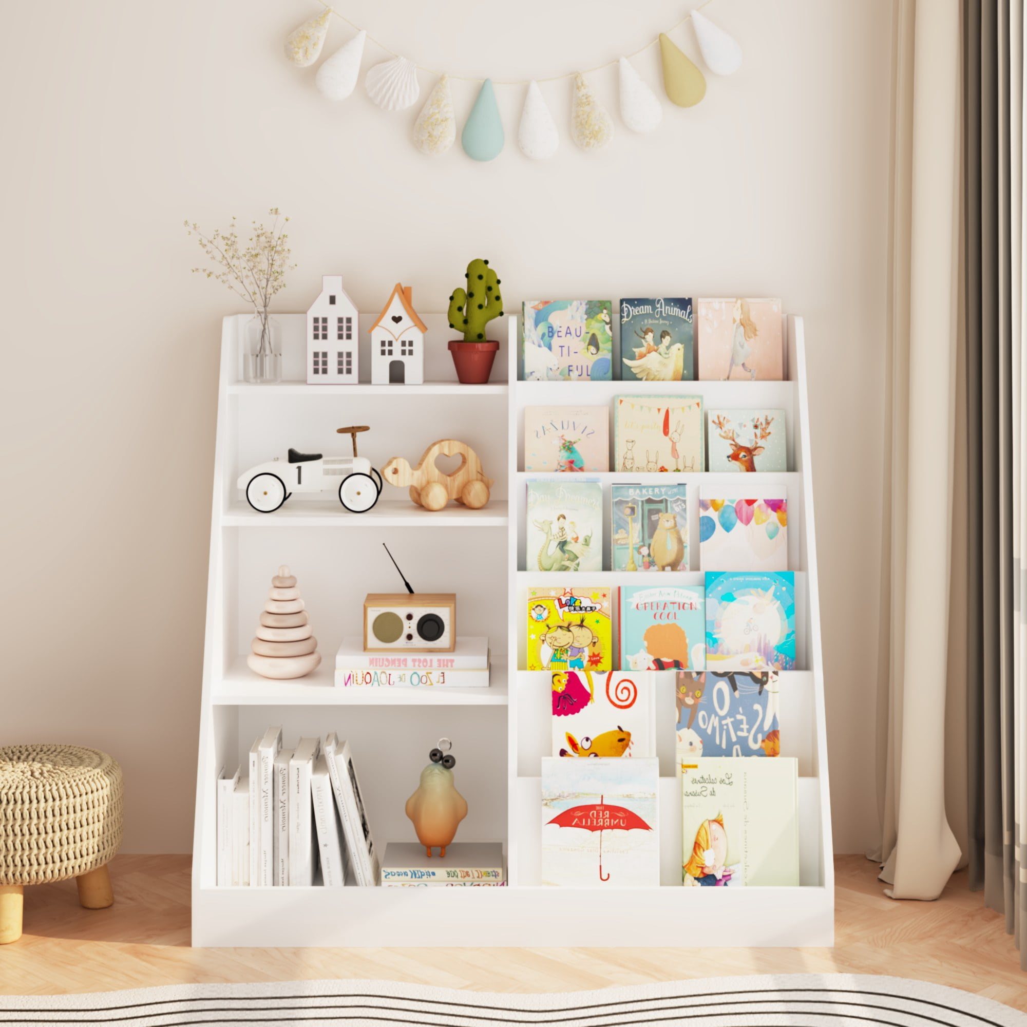 New Kids Bookshelf and Toy Storage Organizer, Multifunctional 4 Tier Wooden Kids Book Shelf with Bookcase Display Stand in Kids Room Playroom Nursery for Kids, Children, Toddlers