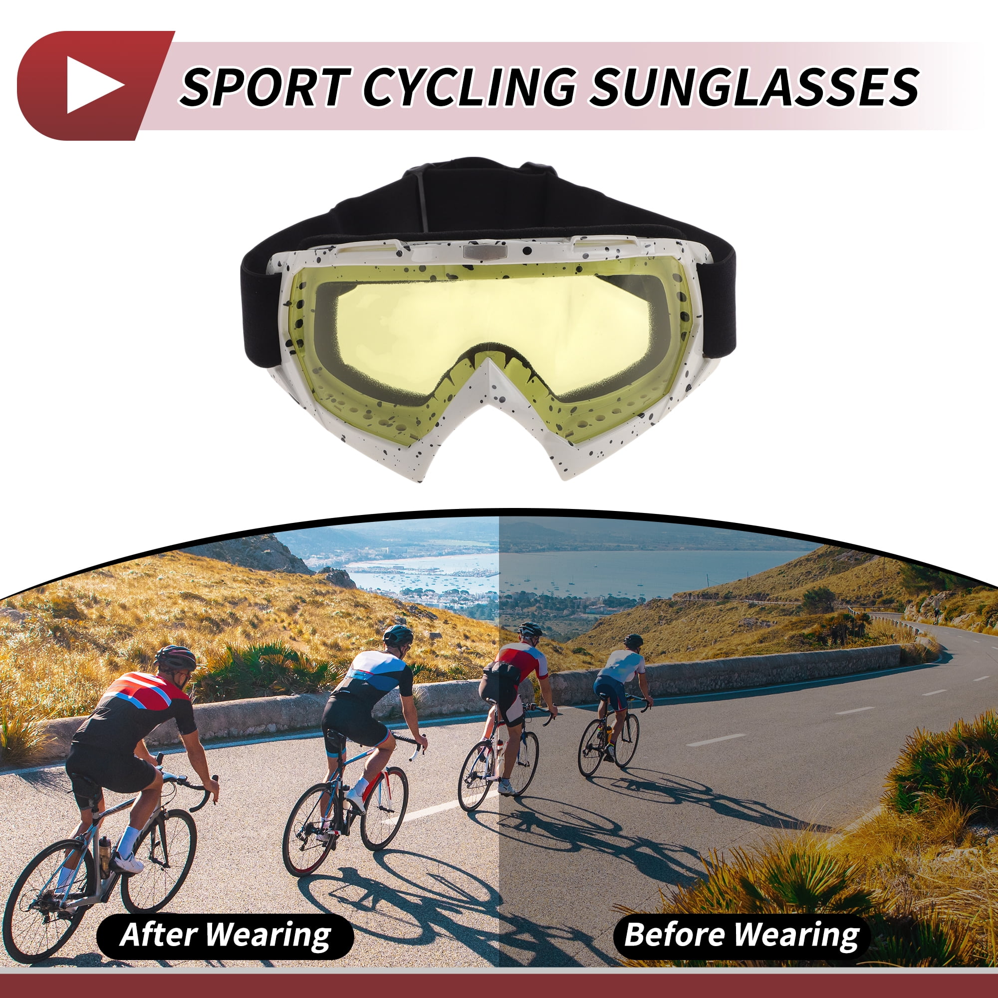 Unique Bargains Motorcycle Riding Goggles PC TPU Cycling Sunglasses Yellow Lens Black White Frame