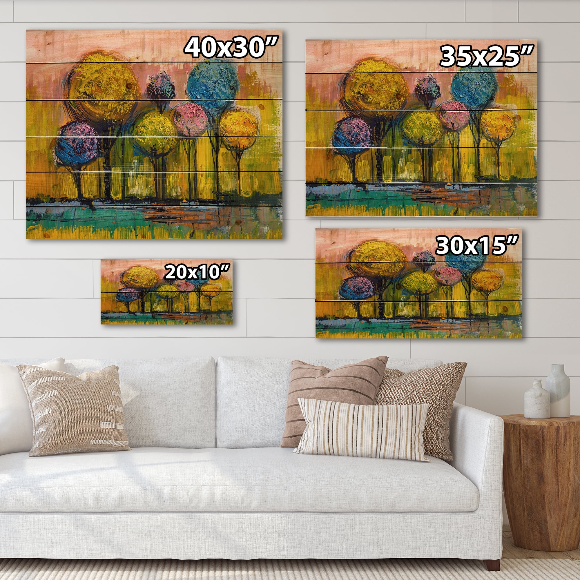 Designart 'Colourful Landscape Trees Impressionist IV' Modern Print on Natural Pine Wood