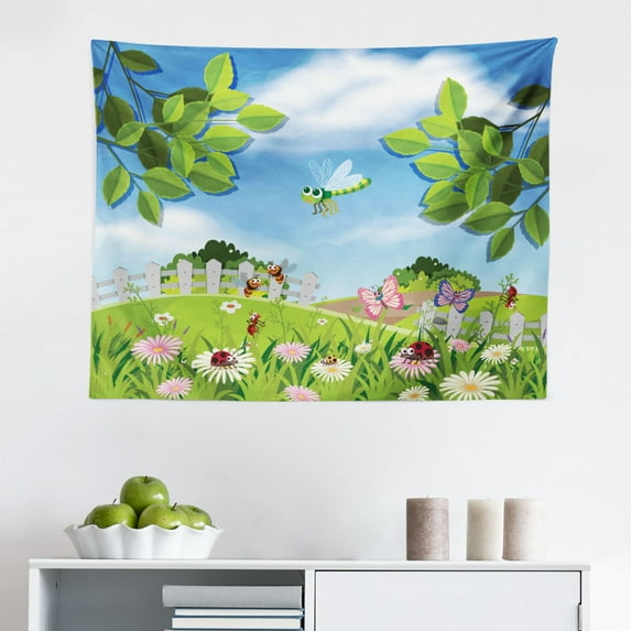 Flowers Insects Tapestry, Repeating Pattern of Happy Bees and Flower Motifs, Fabric Wall Hanging Decor for Bedroom Living Room Dorm, 2 Sizes, Apple Green Yellow, by Ambesonne