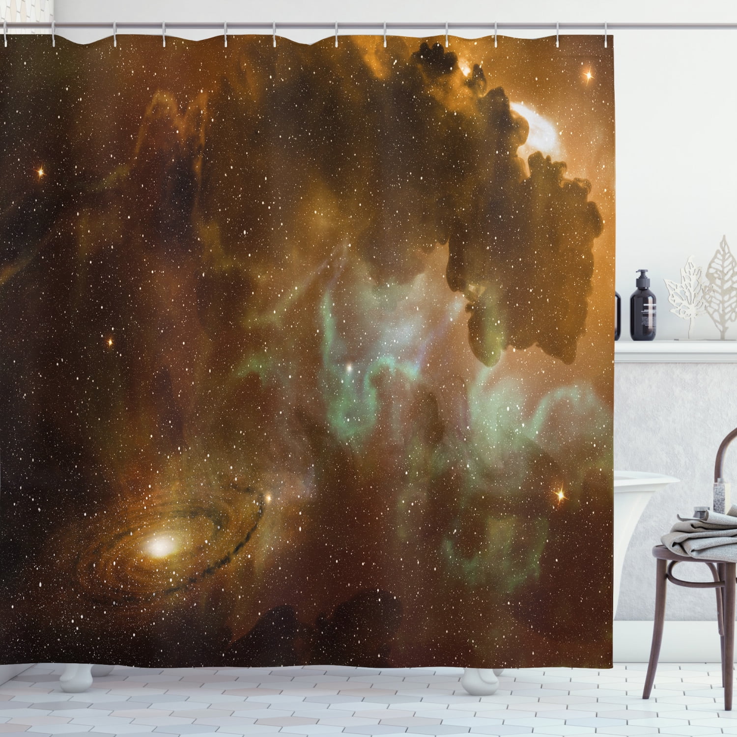 Planets Over Nebula Gas Cloud in Space Galaxy Stars Print Shower Curtain Set 