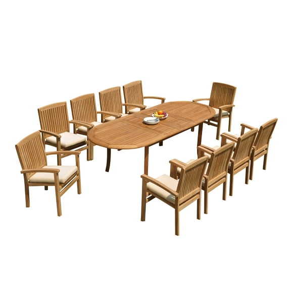 Grade-A Teak Dining Set: 10 Seater 11 Pc: 94" Oval Table And 10 Wave Stacking Arm Chairs Outdoor Patio WholesaleTeak #51WV2211