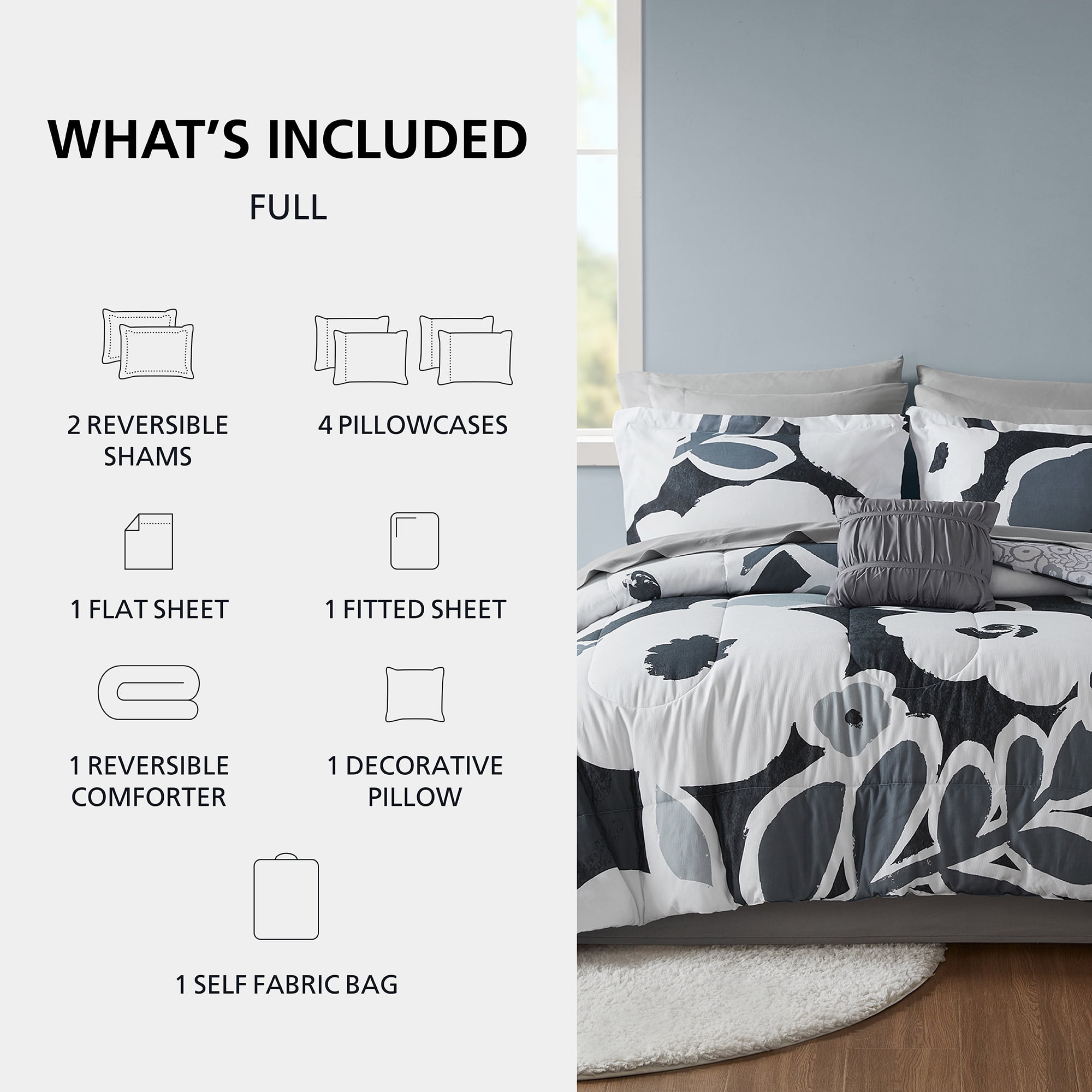 Mainstays All in One Reversible Comforter and Sheet set- 11 Piece, Full, Black and White Floral
