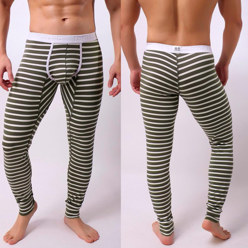 Men’s Thermal Underwear Striped Breathe Patchwork Cotton Legging Low Rise Long Johns Pant for Winter Traveling 