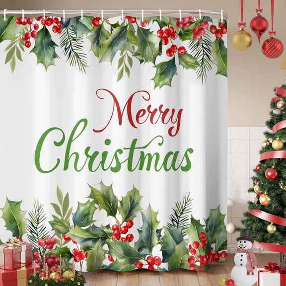 Merry Christmas Shower Curtain, Xmas Green Leaves Berries Pine Needles Holiday Waterproof Fabric Shower Curtains with 12 Hooks, Bathroom Curtain Set for Bathroom Accessories Decor, 72 x 78 Inches