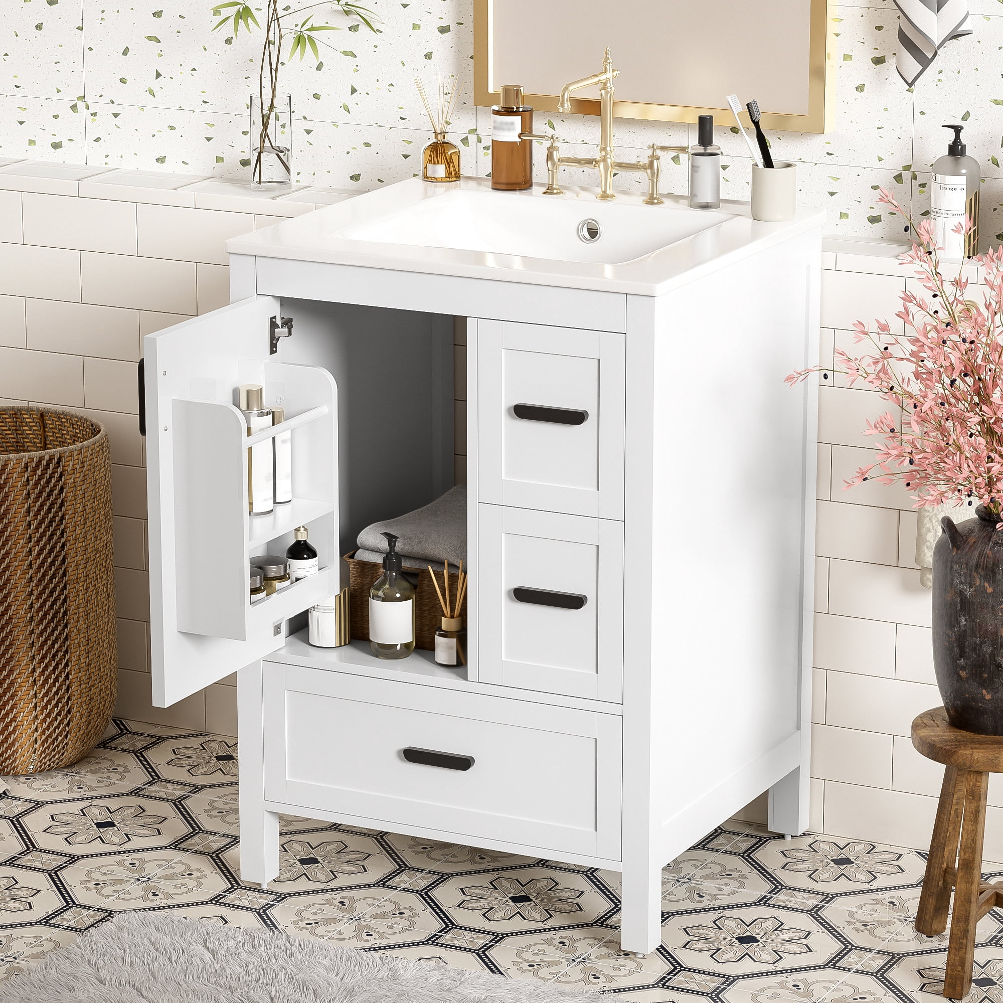 Euroco Modern 24-inch Bathroom Vanity with Ceramic Sink, Soft-Close Door, Double-Layer Door Shelf, and 3 Drawers
