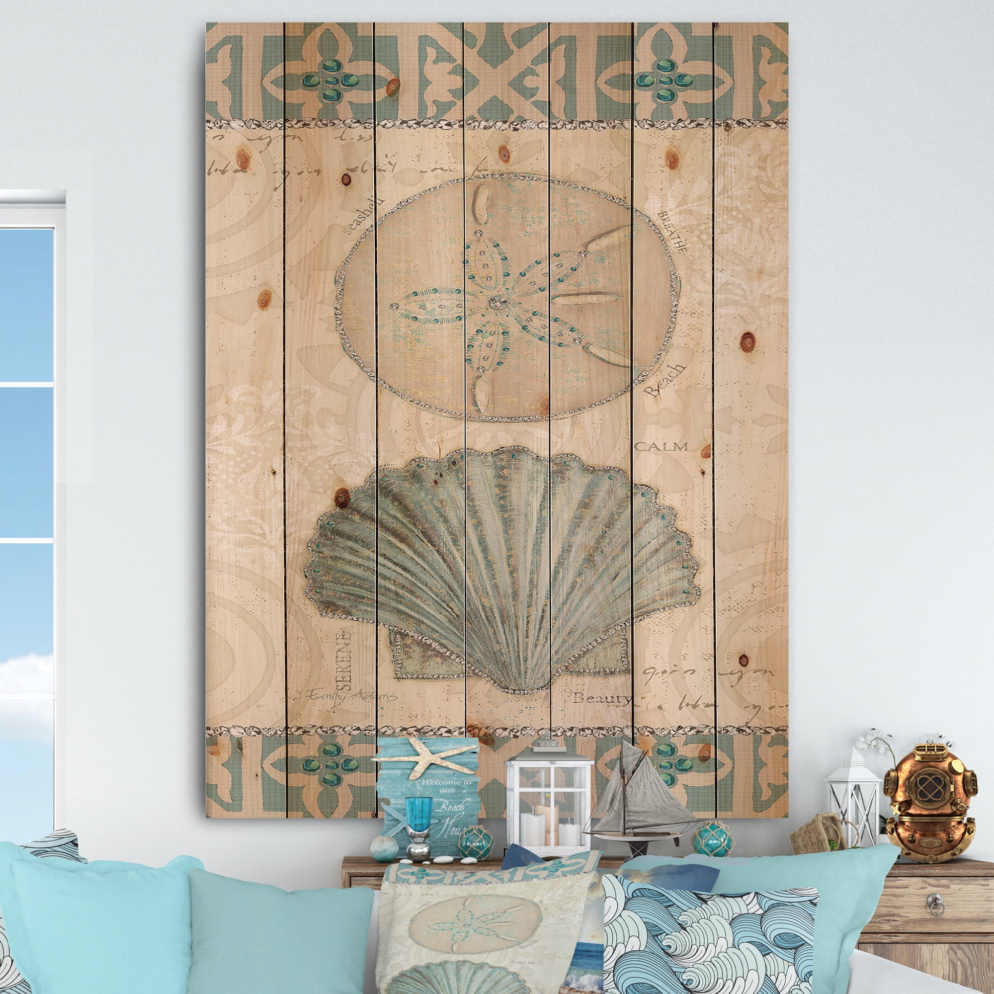 Designart 'Seastar and Blue Sea Shell II' Nautical & Coastal Print on Natural Pine Wood