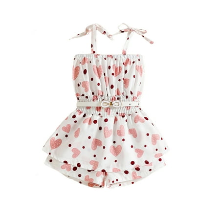 

Musuos Toddler Girl Sleeveless Short Playsuit Heart Printed Tie Up Pleated Sling Romper with Belt Casual Sweet Style Jumpsuit