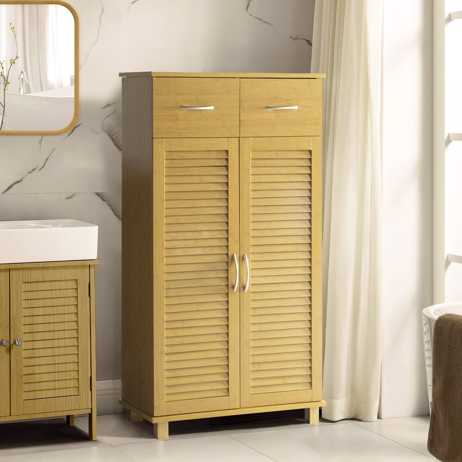 Kadyn Bathroom Tall Free Standing Storage Cabinet, Linen Floor Cabinet with Doors, Entrance Cabinet Organizer with 2 Drawers, Natural