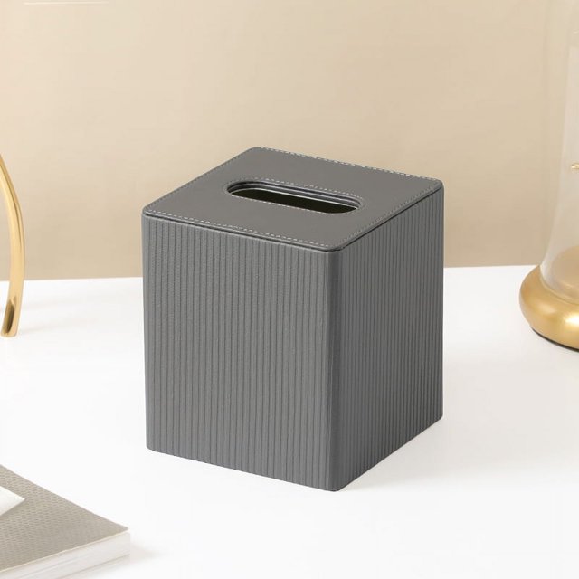 Nvzi Caja de pañuelos de cuero, moderna caja de pañuelos cuadrada, organizador decorativo para tocador de baño (gris oscuro)