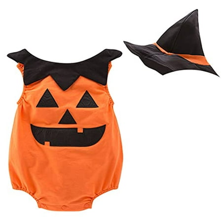

StylesILove Infant Unisex Baby Boys Girls Pumpkin Face Sleeveless Cotton Romper with Matching Hat 2pcs Halloween Outfit (24 Months)