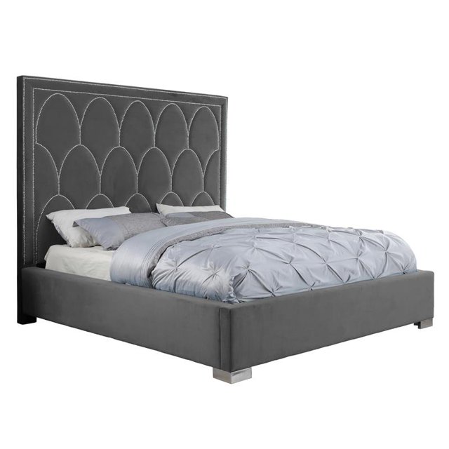 Gray Velvet Bedframe w/ 75" Tall Headboard and Silver Scale Design - Cal-King